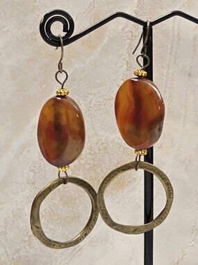 HANDMADE Boho Artisan Banded Agate & Brass Earrings | Earthy Handcrafted Jewelry